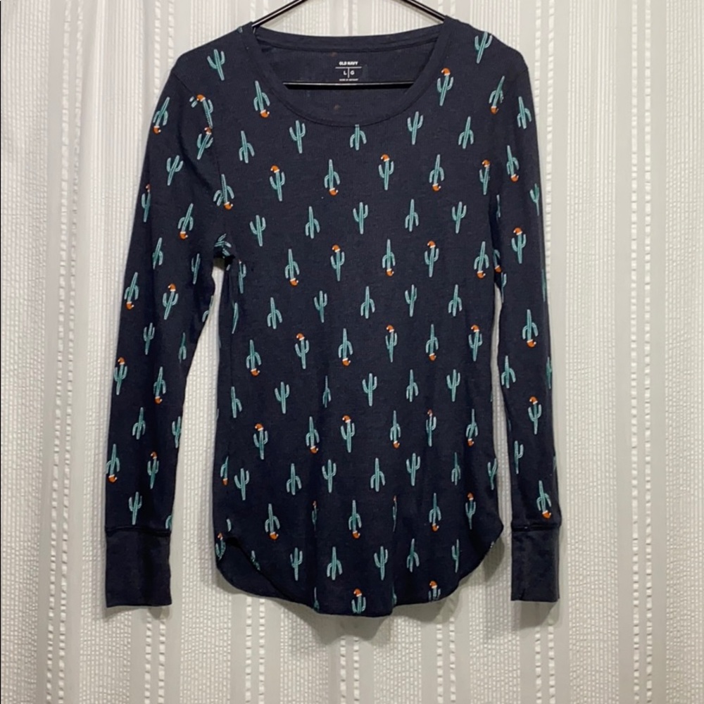 Old navy thermal shirt with Santa hat cactus print